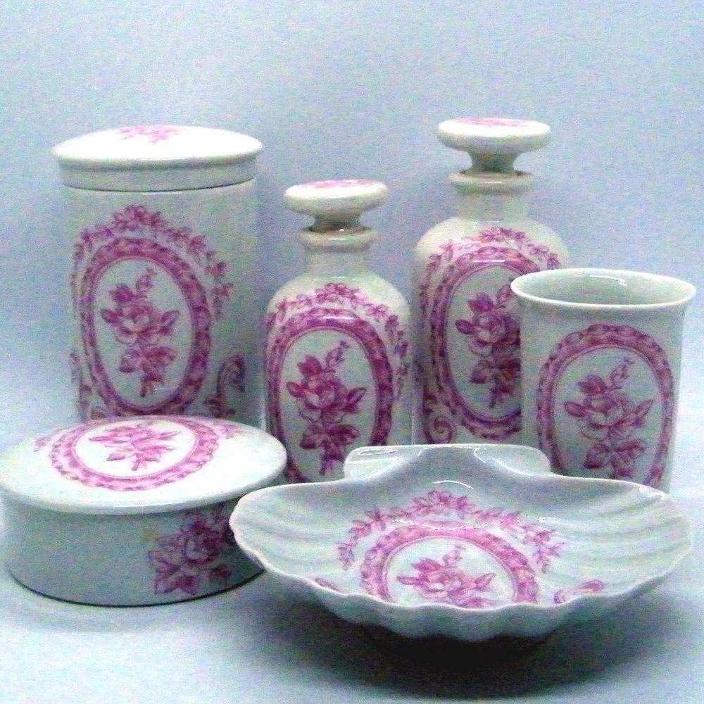 Vintage Porcelaine de Paris 6 pc Bathroom Vanity Set Soap Dish Jars Cup - Picture 1 of 5